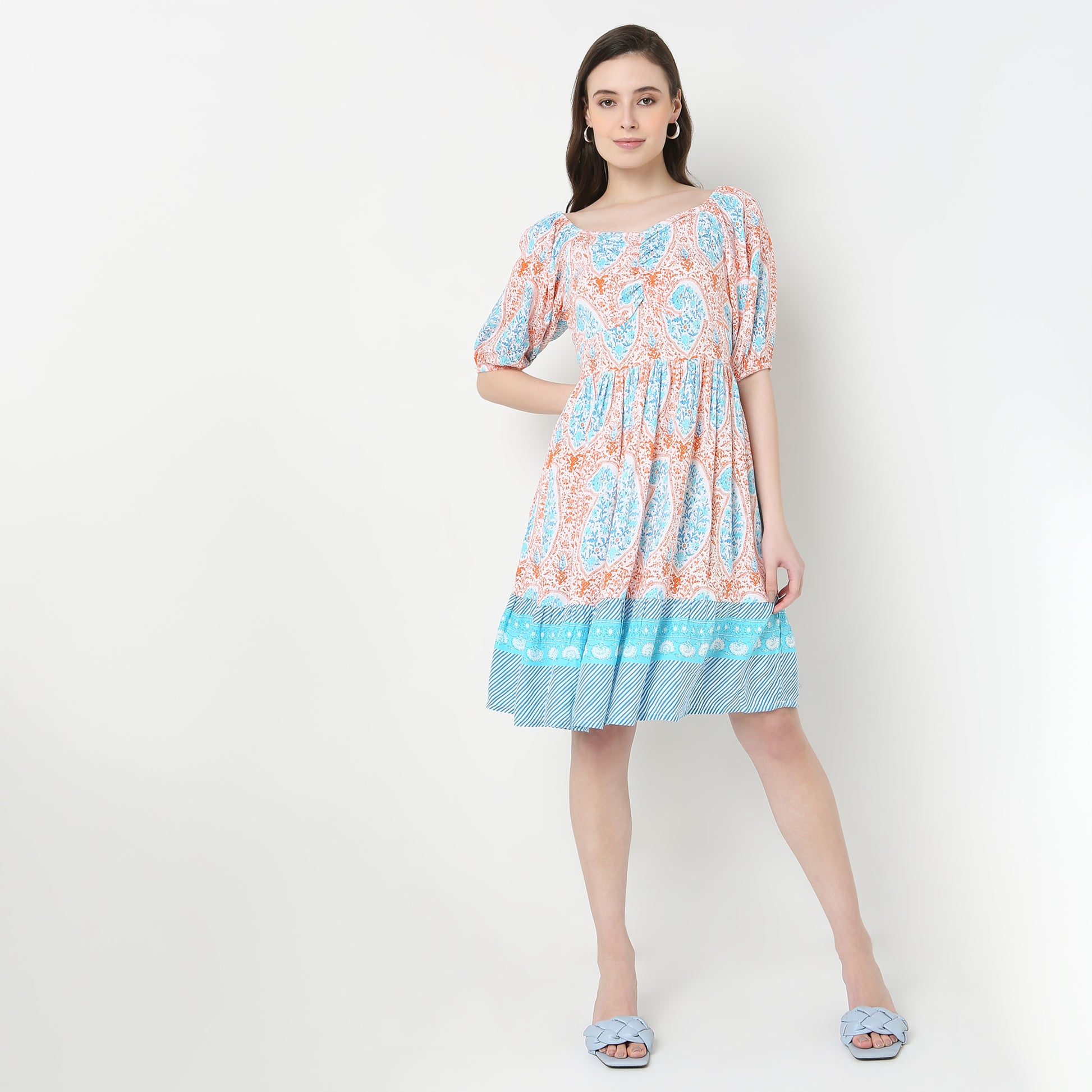 Printed Front Ruched Tiered Dress