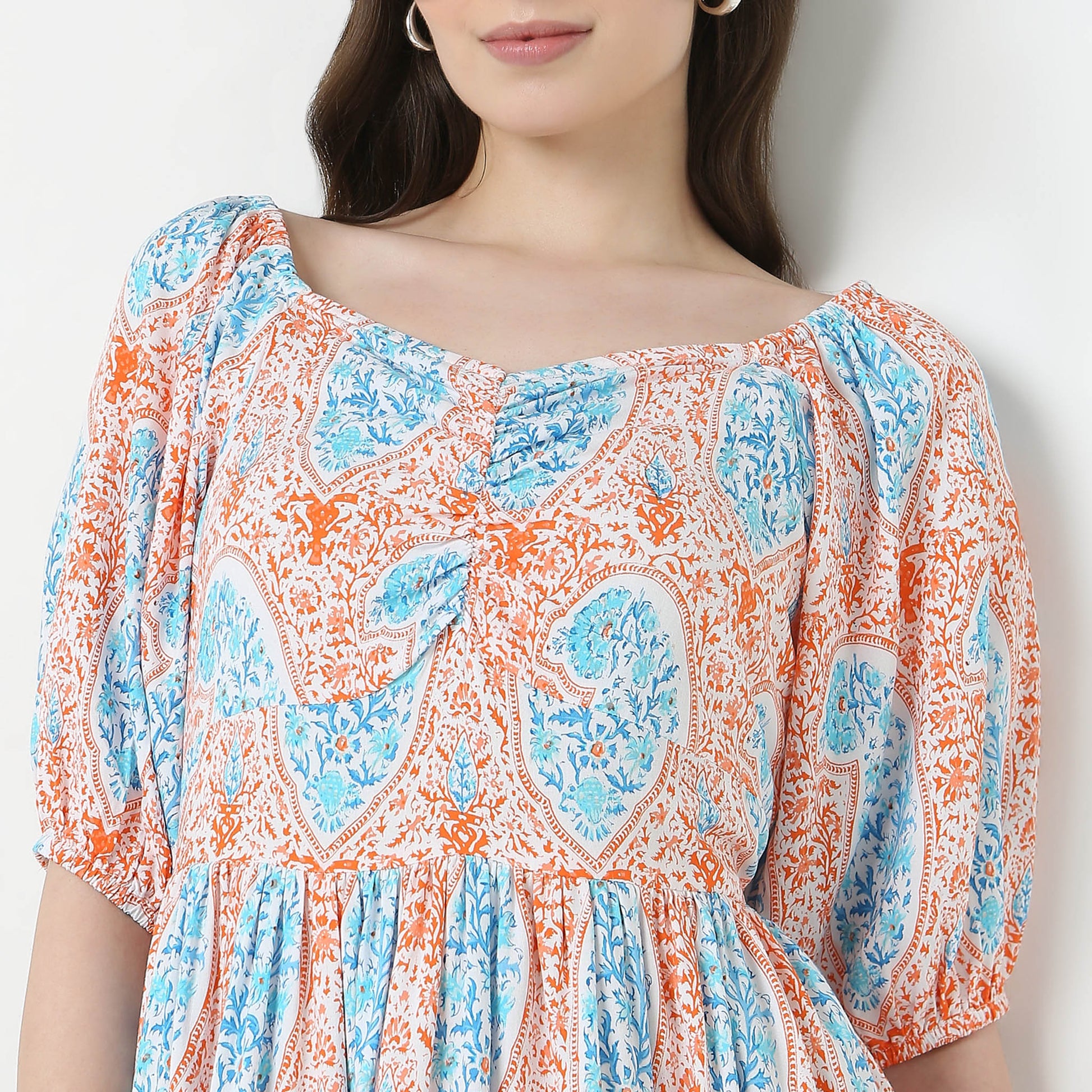 Printed Front Ruched Tiered Dress