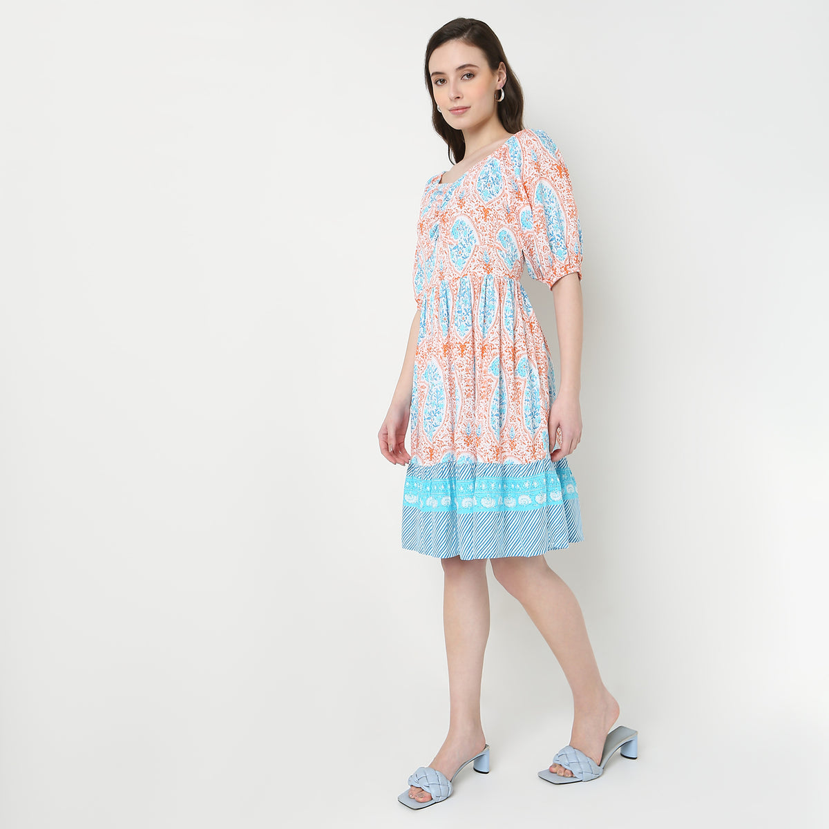 Printed Front Ruched Tiered Dress