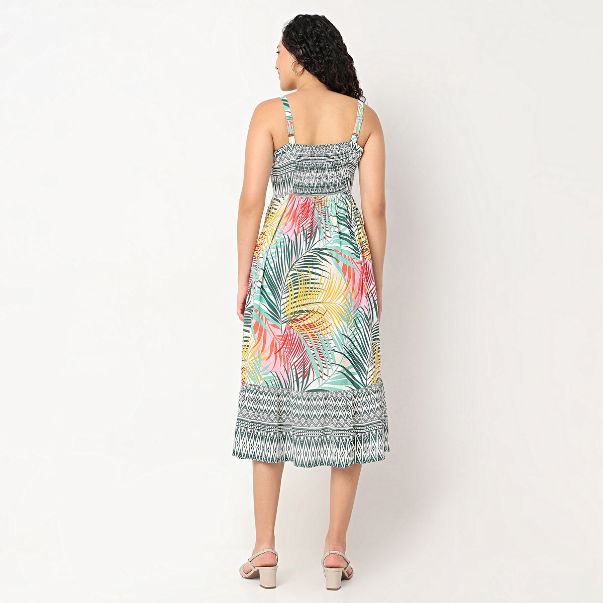 Strappy Waist Gethered Printed Dress