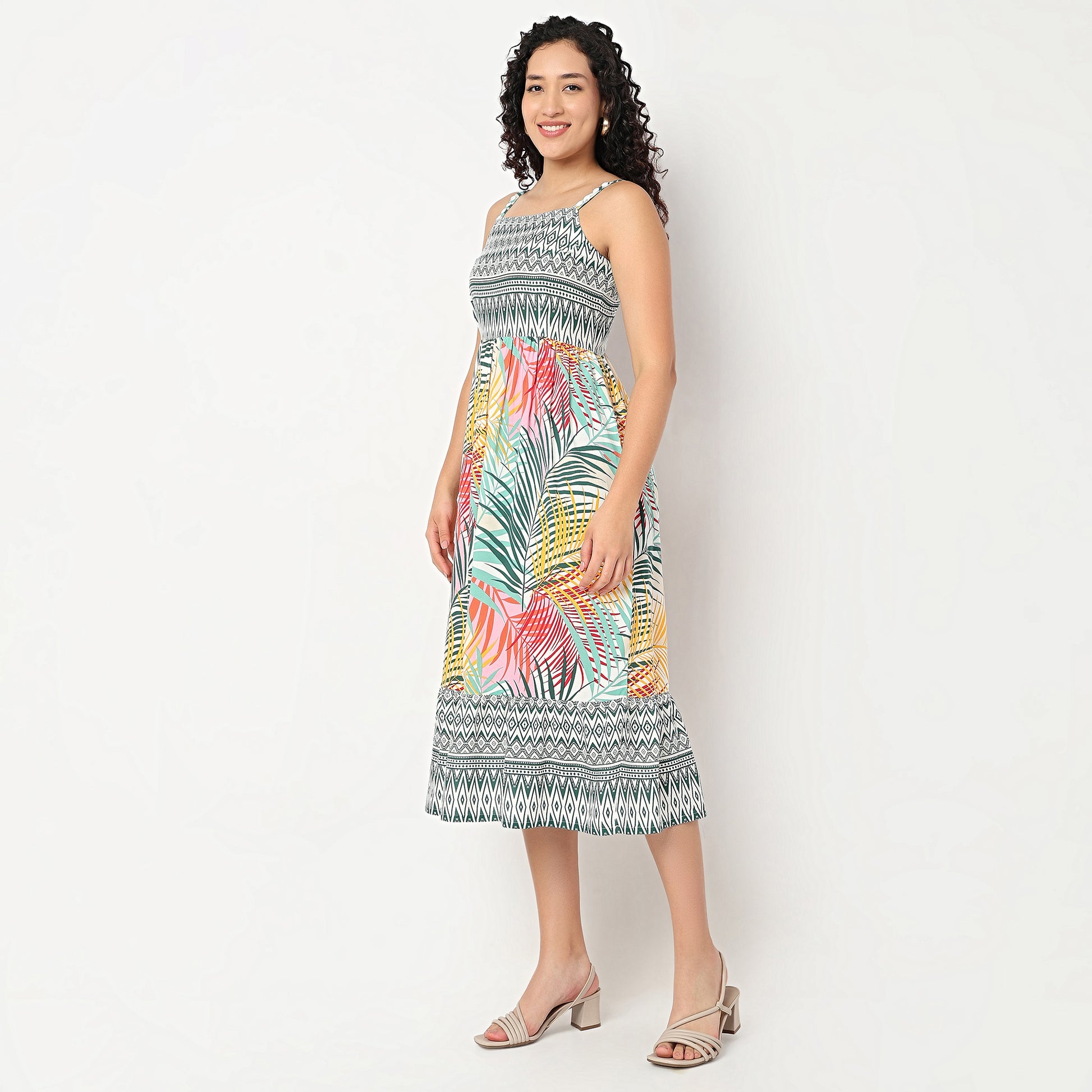 Strappy Waist Gethered Printed Dress