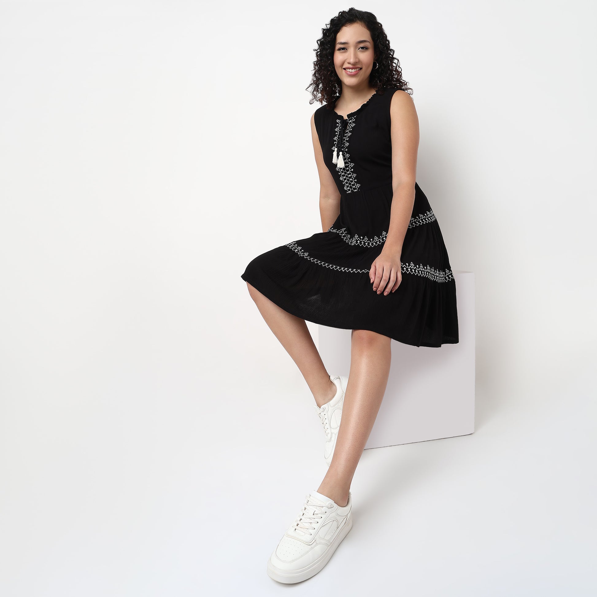 Embroidered Sleeveless Shift Dress