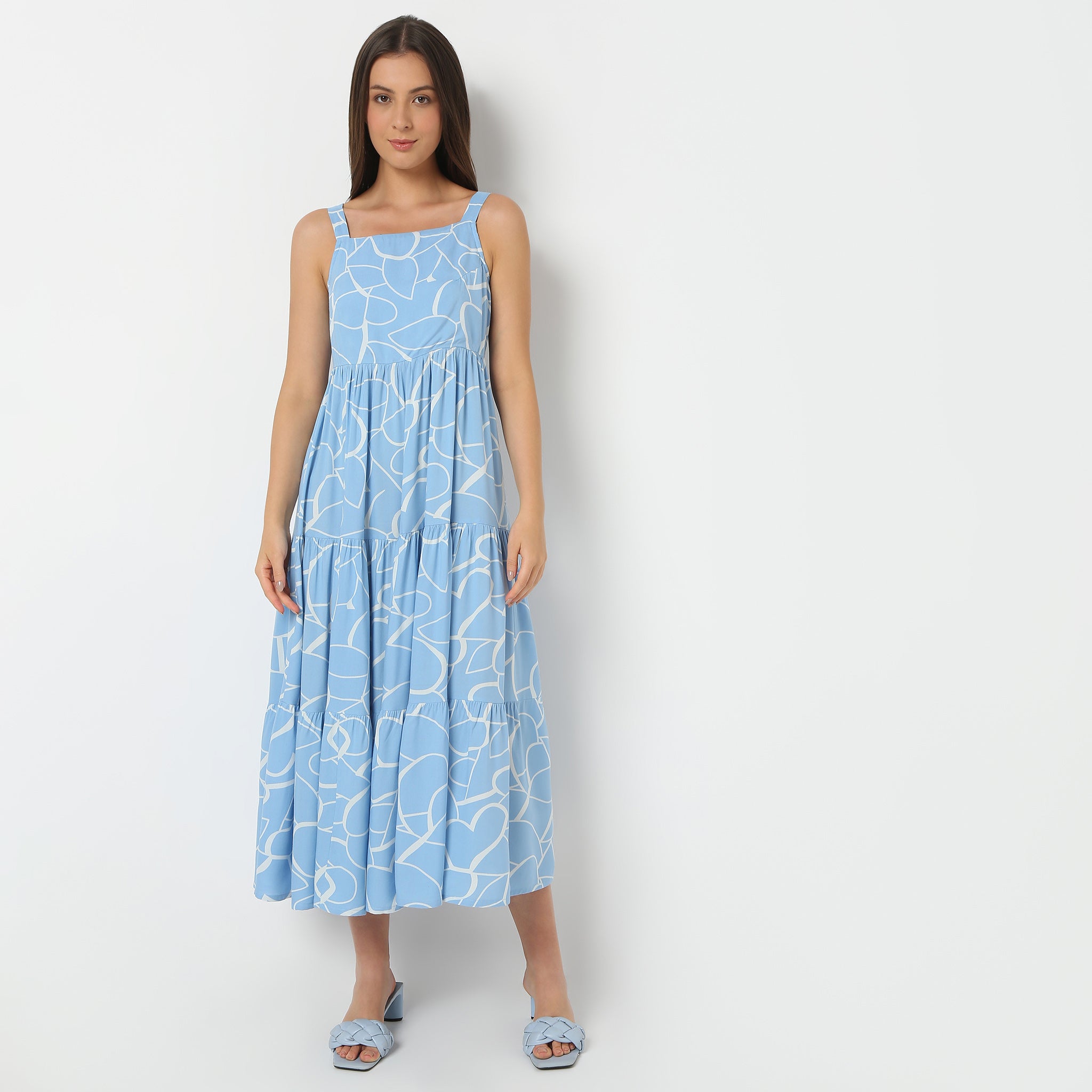 Square Neck Full Length Sleeveless Printed Flare Fit Dress