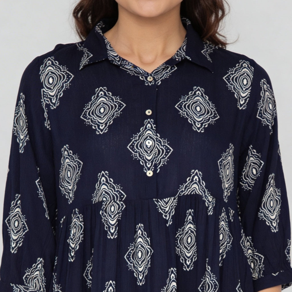Woven Printed V-Neck Flared Dress