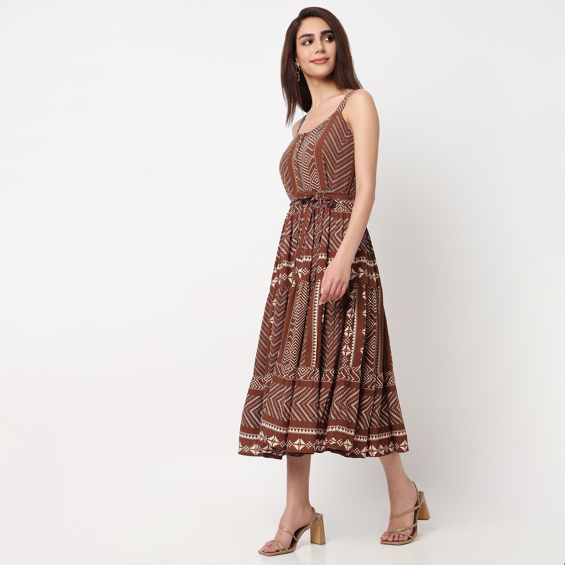 Printed Tiered Strappy Dress With Front Placket