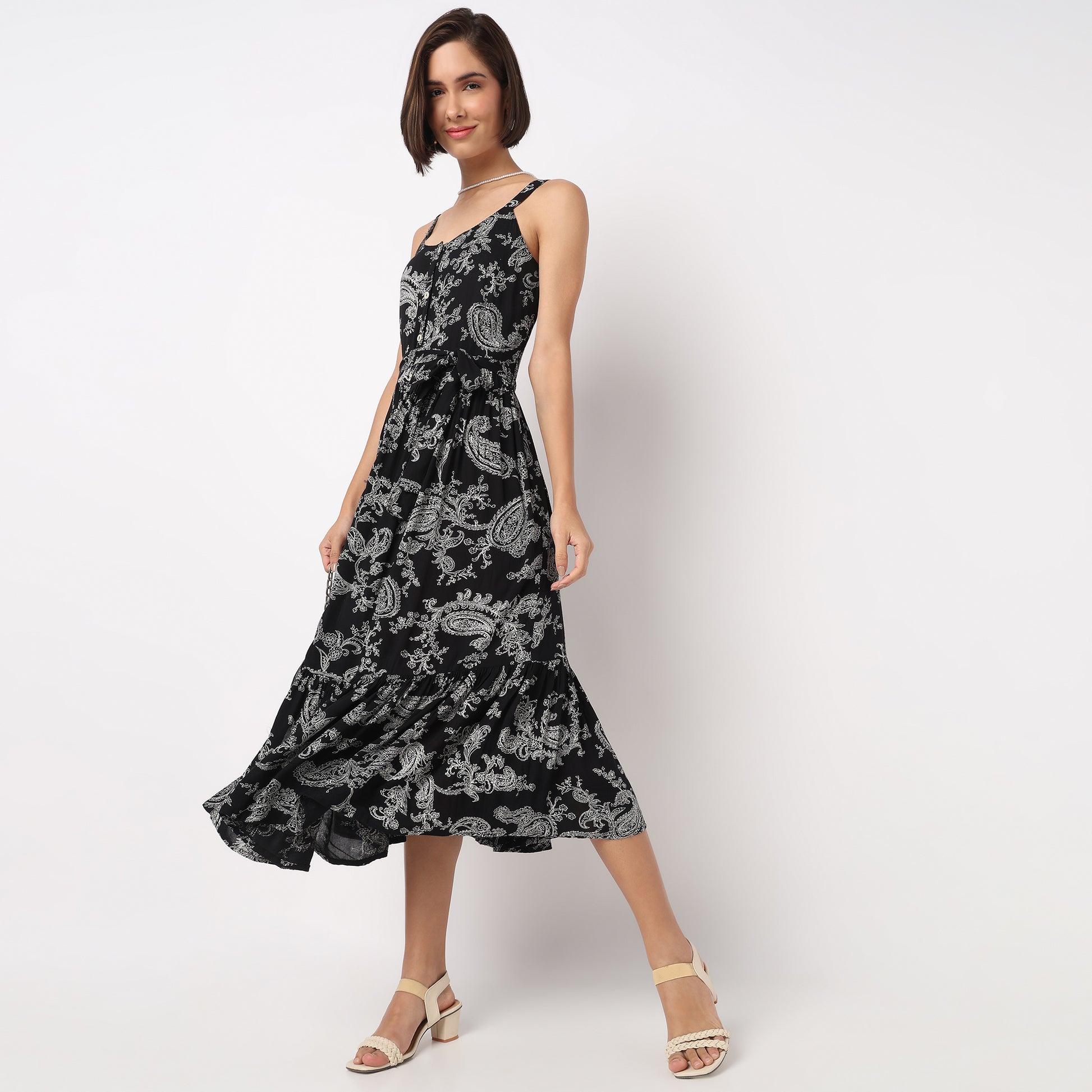 Printed Strappy Tiered Dress