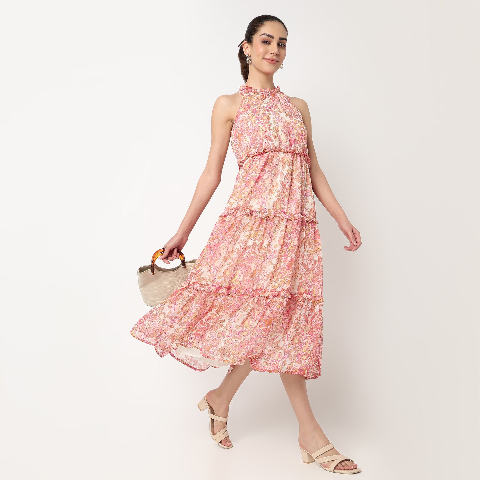 Close Ruffle Neck Printed Tiered Dress