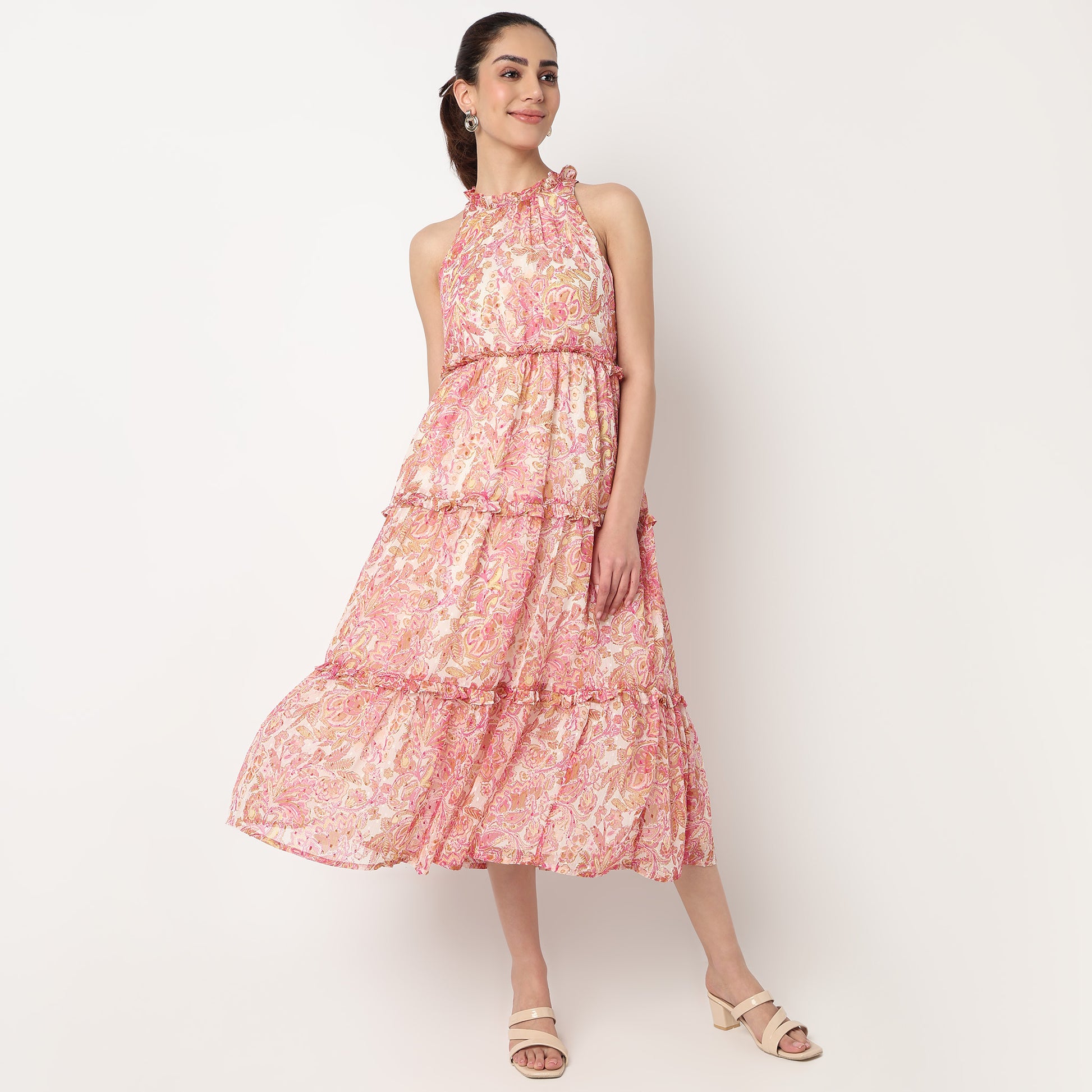 Close Ruffle Neck Printed Tiered Dress