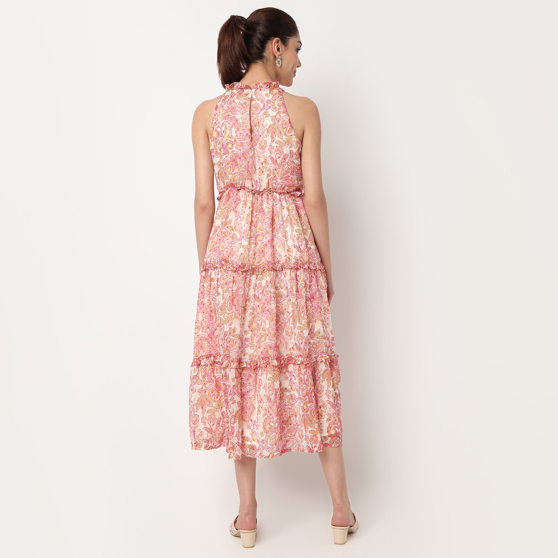 Close Ruffle Neck Printed Tiered Dress