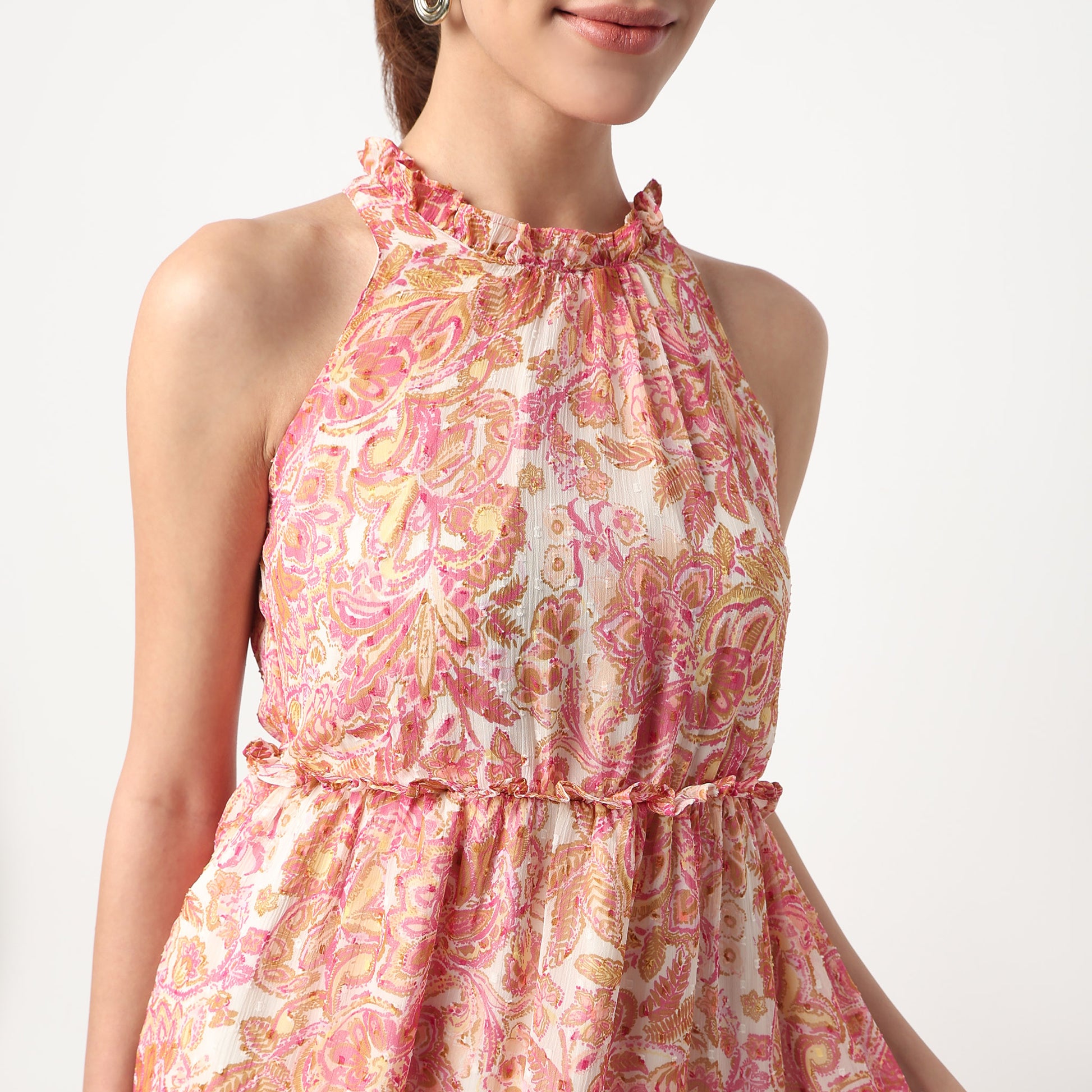 Close Ruffle Neck Printed Tiered Dress