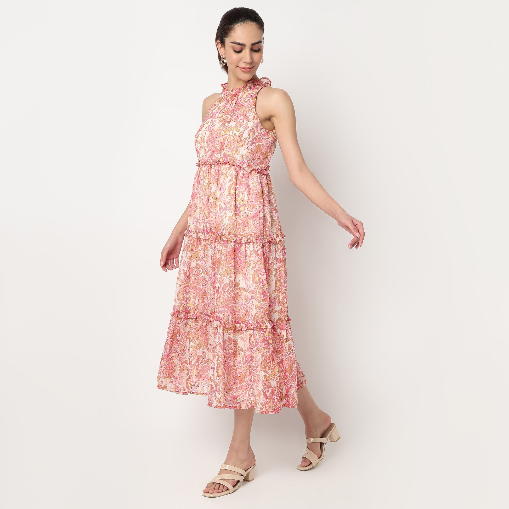Close Ruffle Neck Printed Tiered Dress