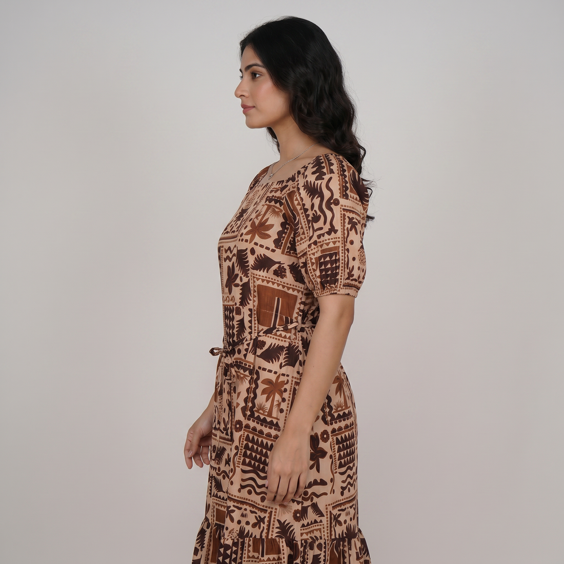 Front Ruched Printed Tiered Dress