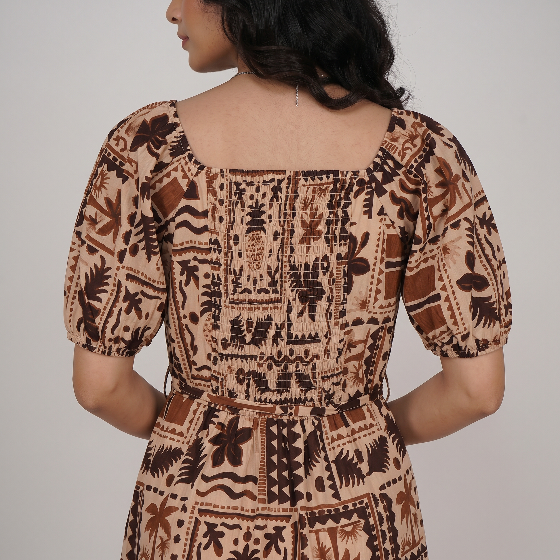 Front Ruched Printed Tiered Dress