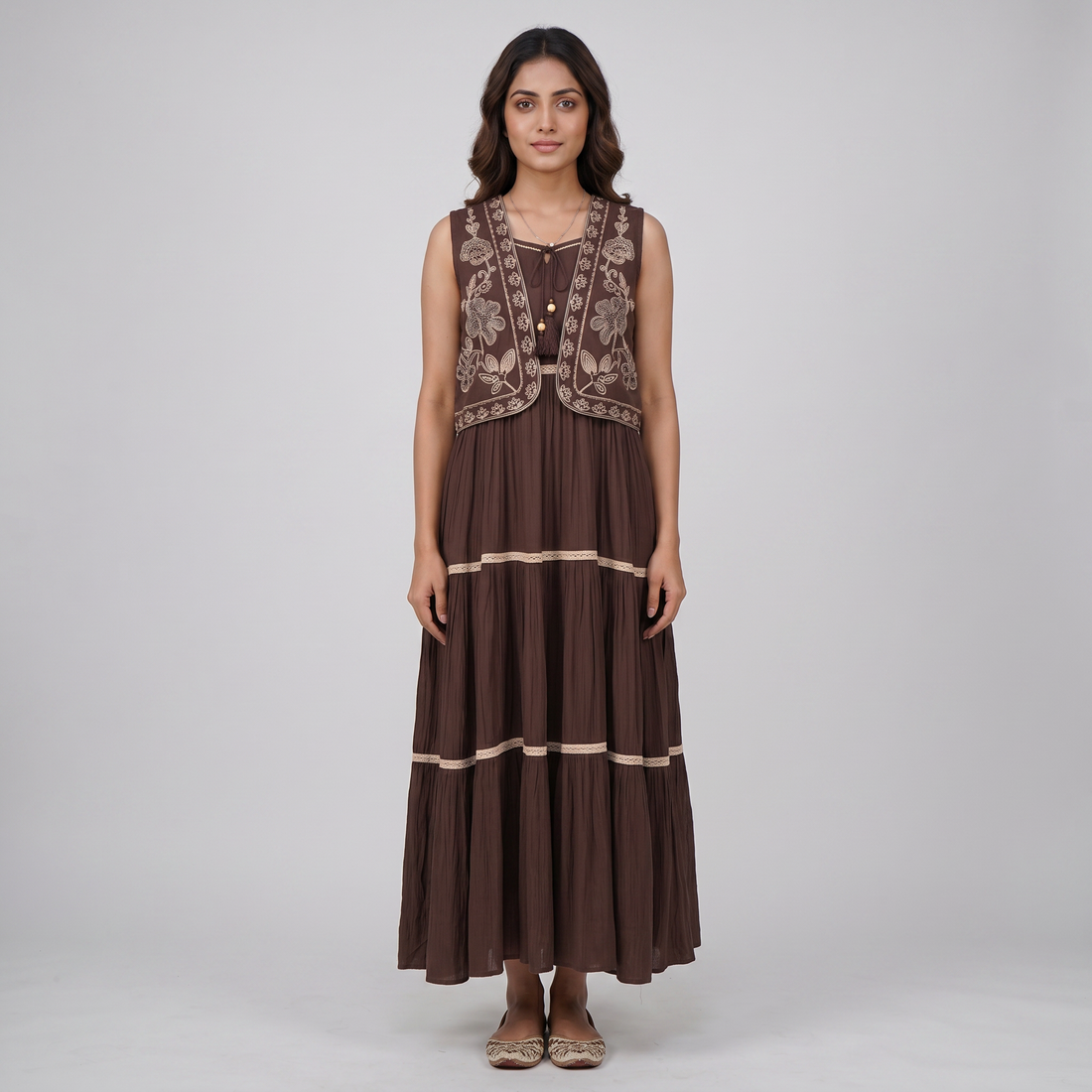 Strappy Tiered Dress With Embroidered Shrug