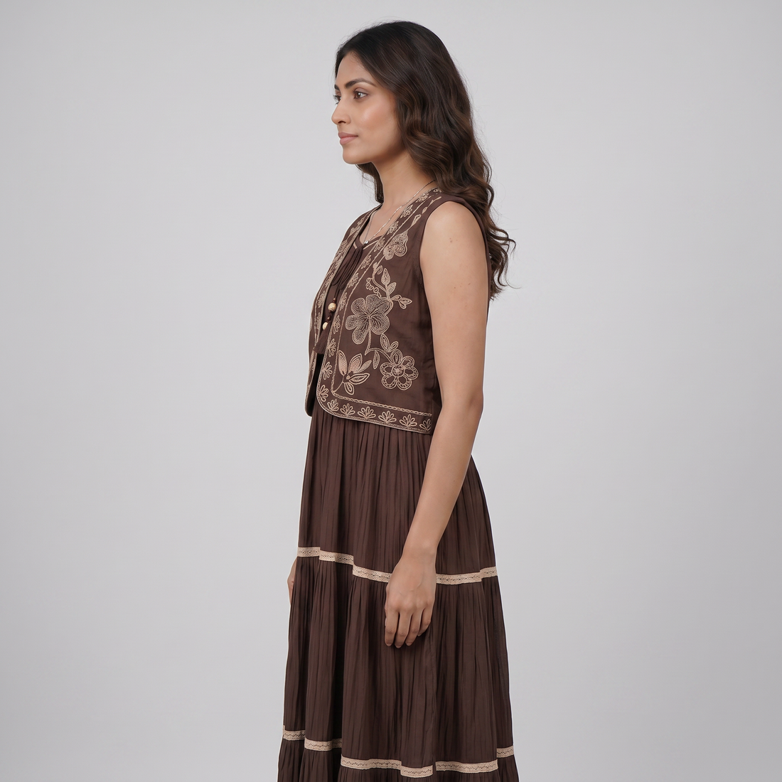 Strappy Tiered Dress With Embroidered Shrug