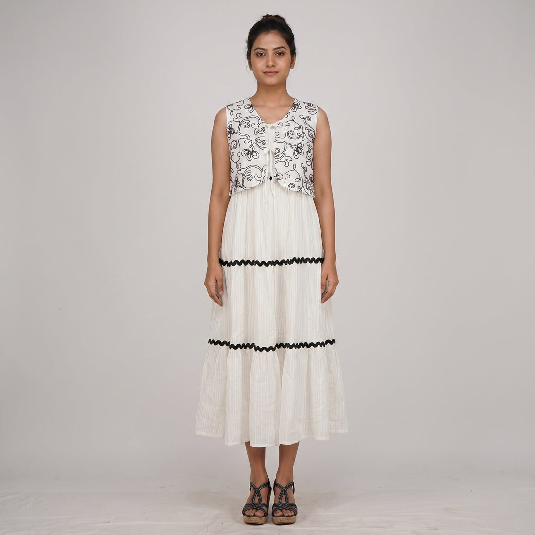 Strappy Tiered Dress With Embroidered Shrug