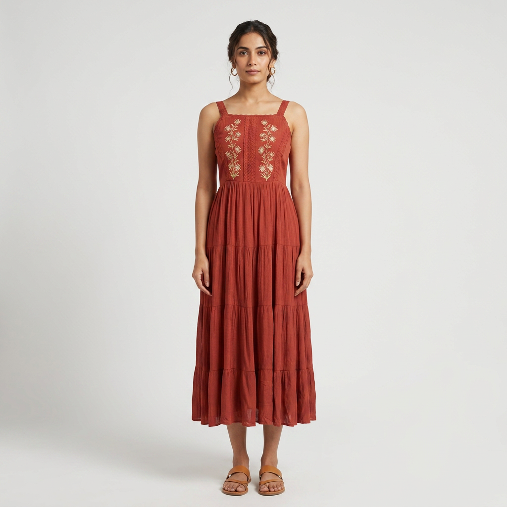 Embroidered Strappy Tiered Dress