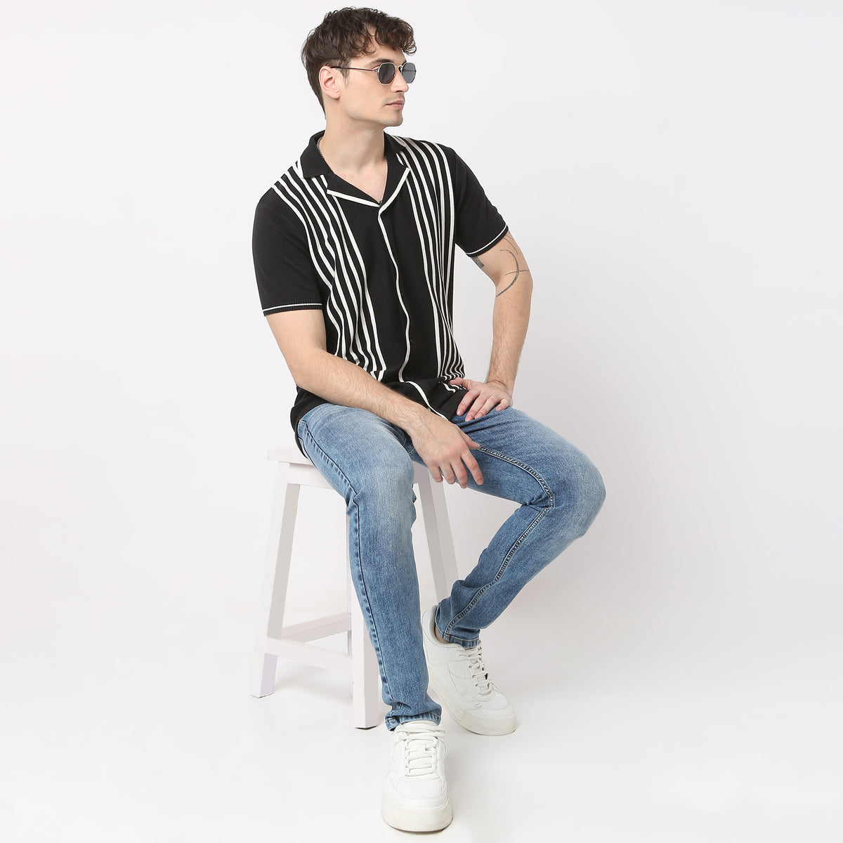 Modern Nerd Hand Knit Jersey Striped Camp Collar Half Sleeve Cuban Shirt