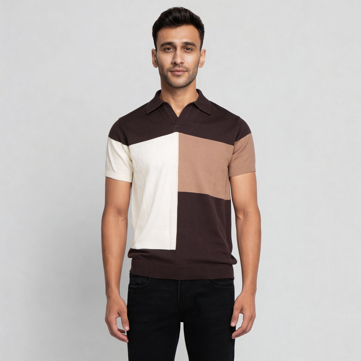 Colour Block Modern Nerd Hand Knit Jersey Polo T-Shirt