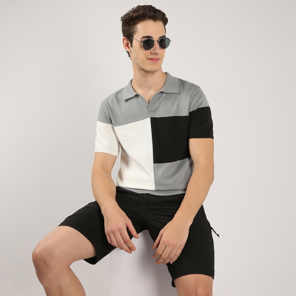 Colour Block Modern Nerd Hand Knit Jersey Polo T-Shirt