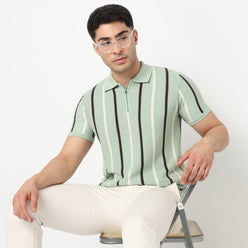 Modern Nerd Hand Knit Jersey Striped Polo Neck Half Sleeve T-Shirt