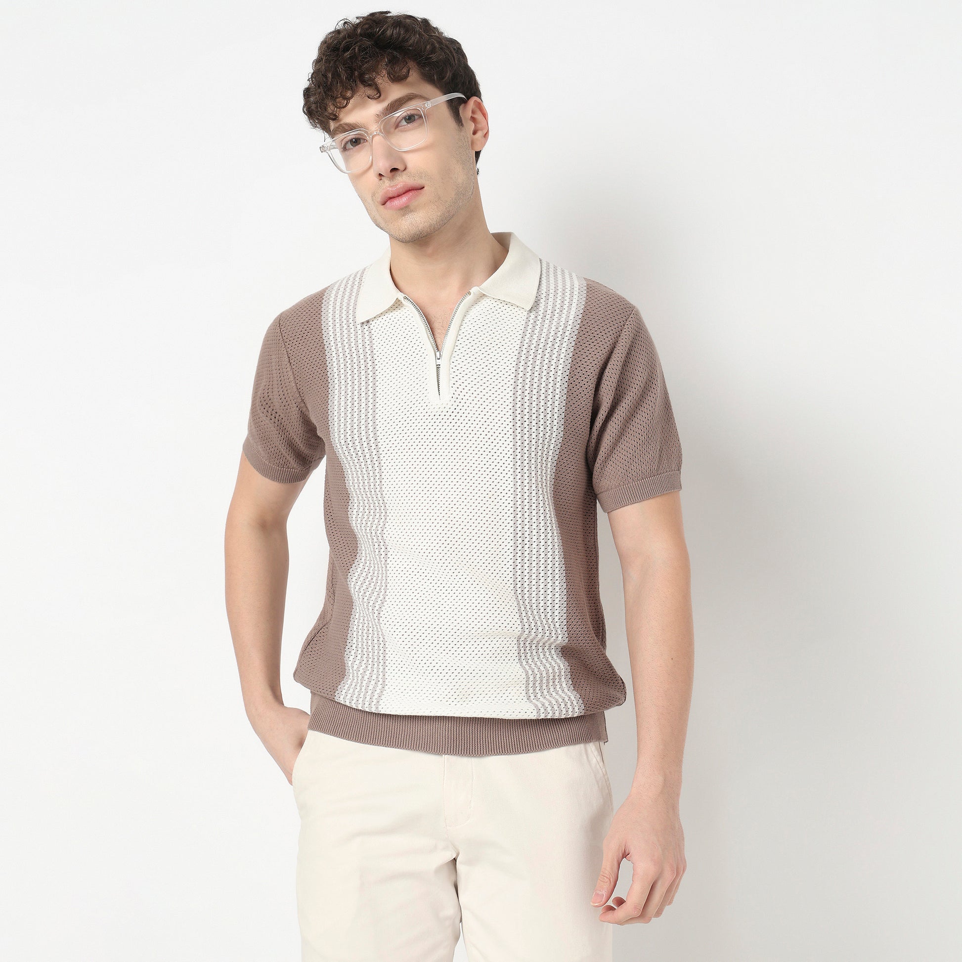 Hand Knit Jersey Striped Flat Knit T-Shirt