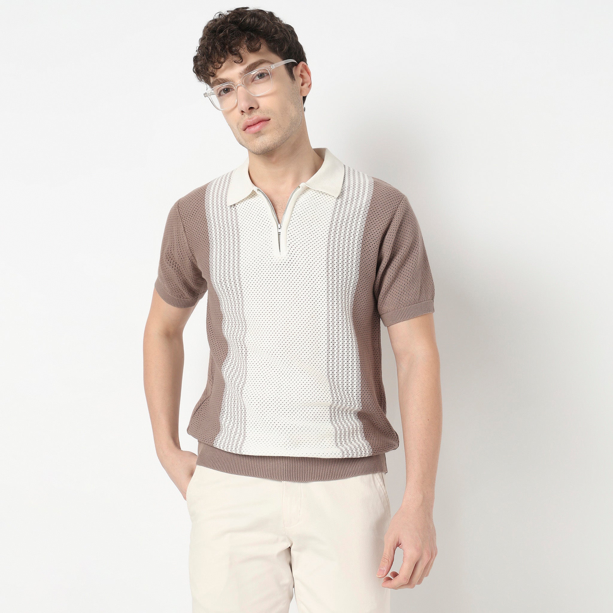 Hand Knit Jersey Striped Flat Knit T-Shirt