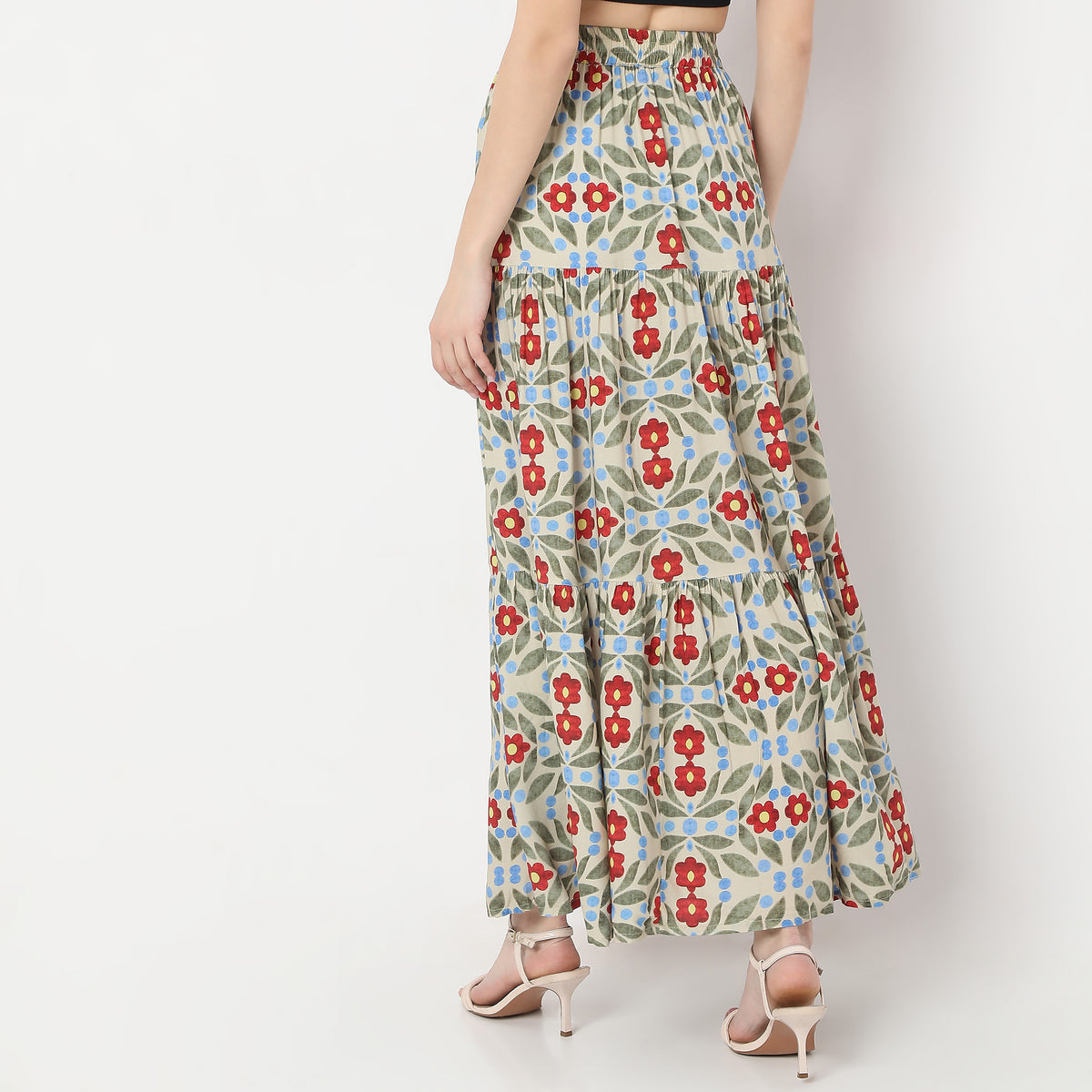 Flare Fit Printed Full Length A-Line Abstract High Rise Tiered Skirt