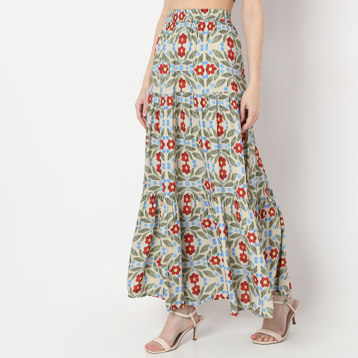 Flare Fit Printed Full Length A-Line Abstract High Rise Tiered Skirt