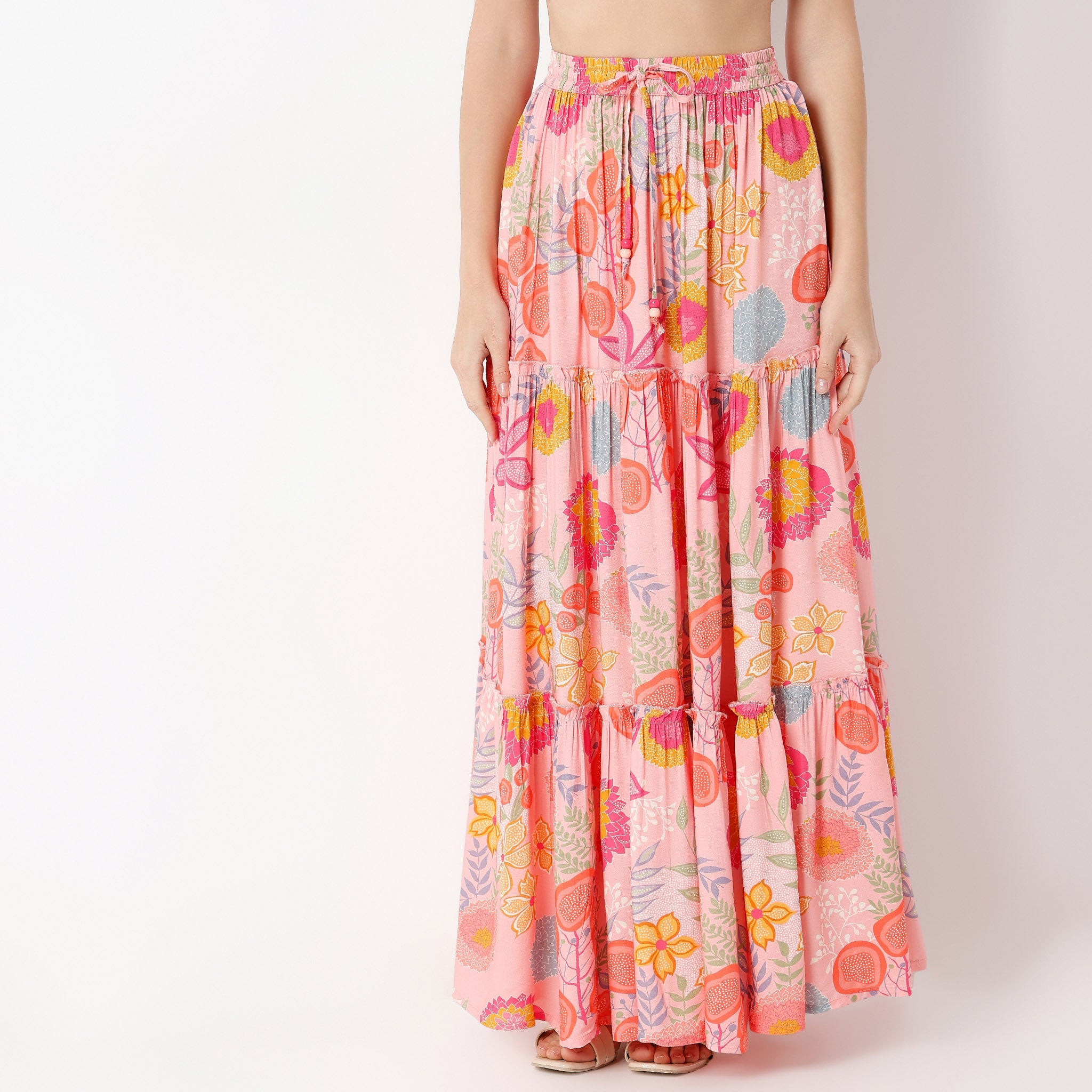 Flare Fit Printed Full Length Mid Rise Skirt