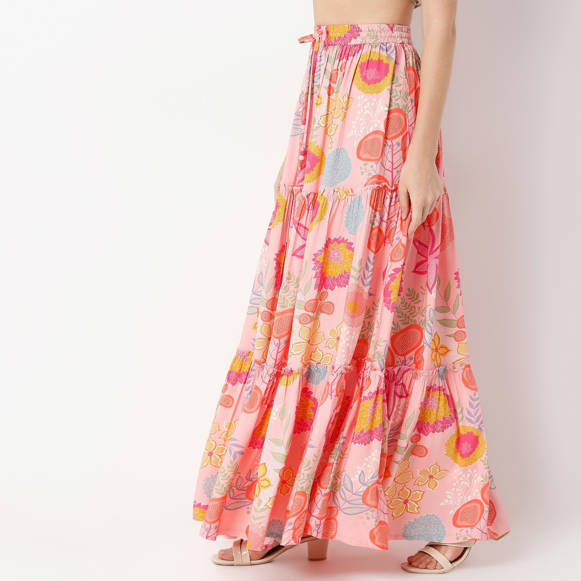 Flare Fit Printed Full Length Mid Rise Skirt