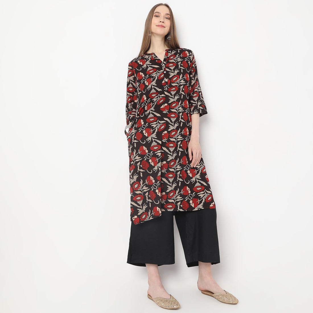 Flare Fit Calf Length High Rise Pants