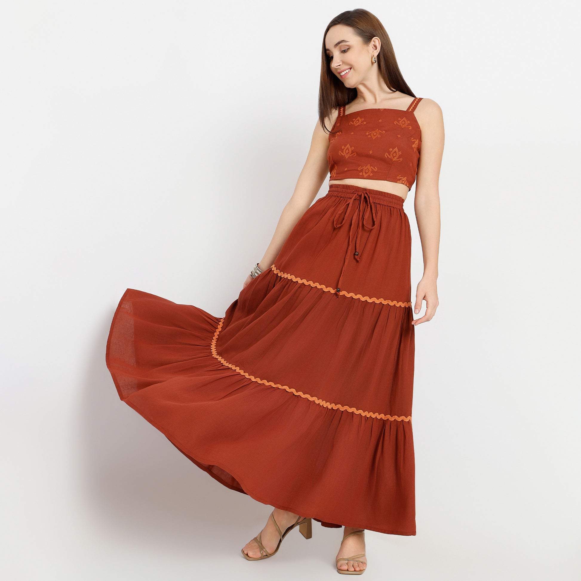 Flare Fit Solid Full Length Mid Rise Skirt