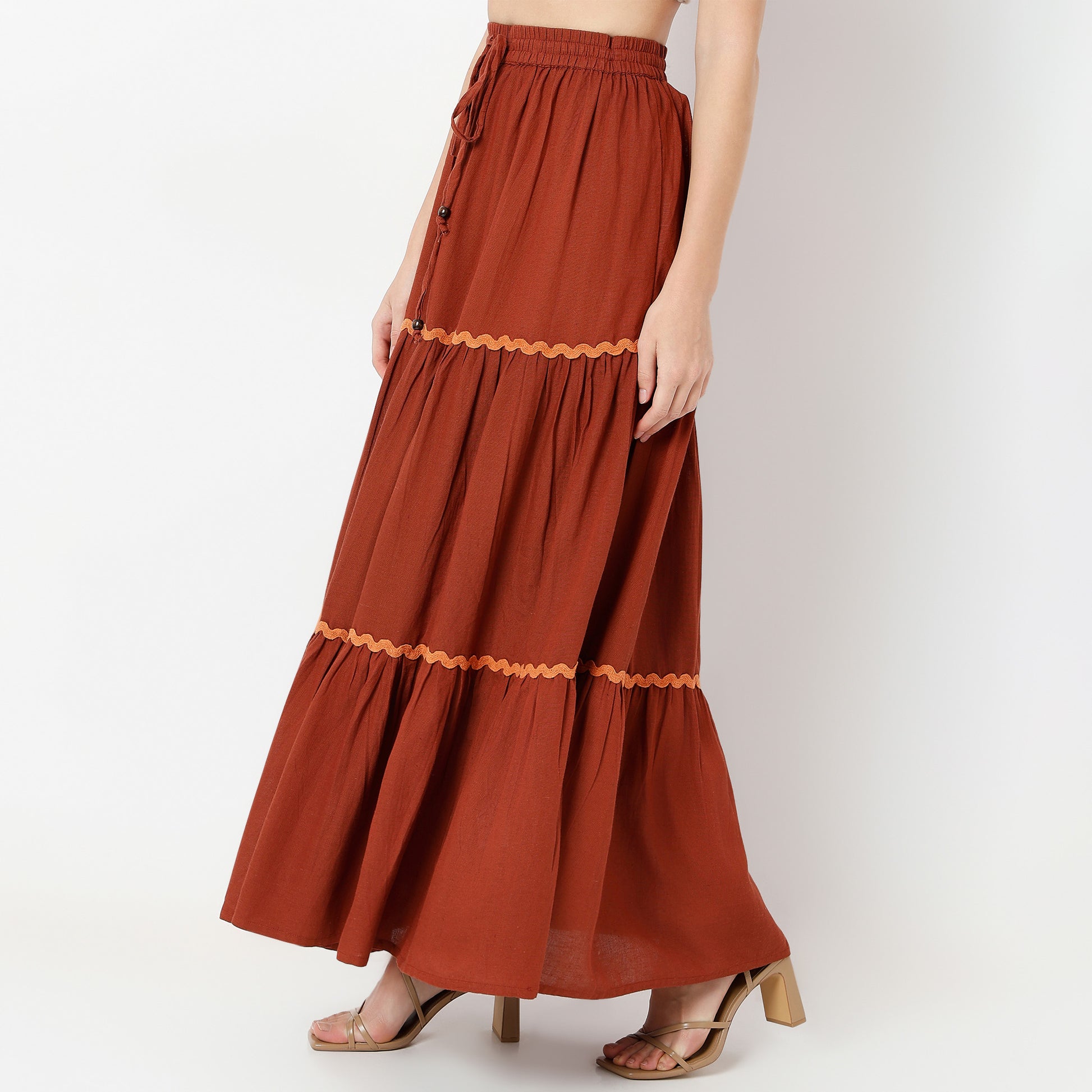 Flare Fit Solid Full Length Mid Rise Skirt