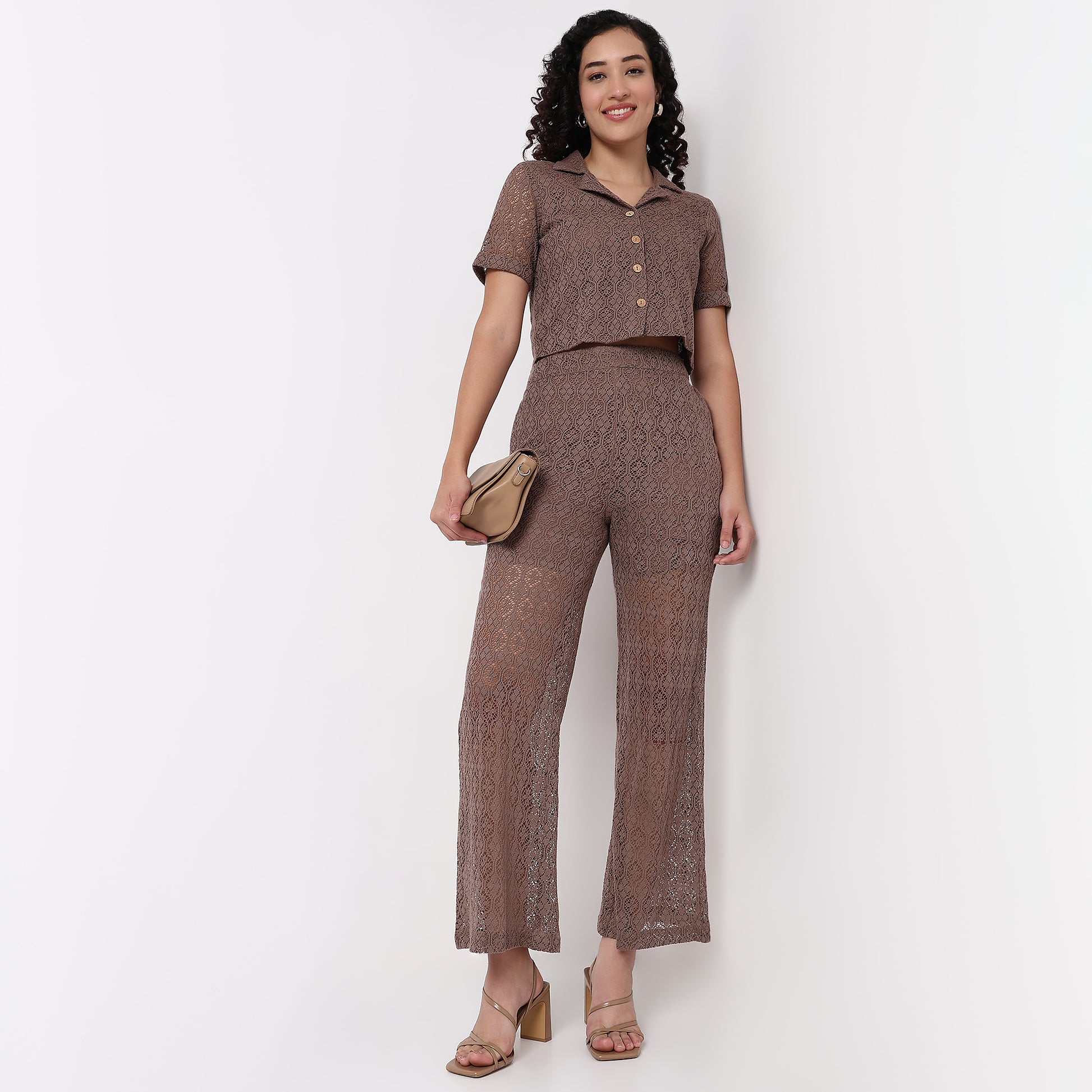 Straight Fit Lace Look High Rise Palazzo