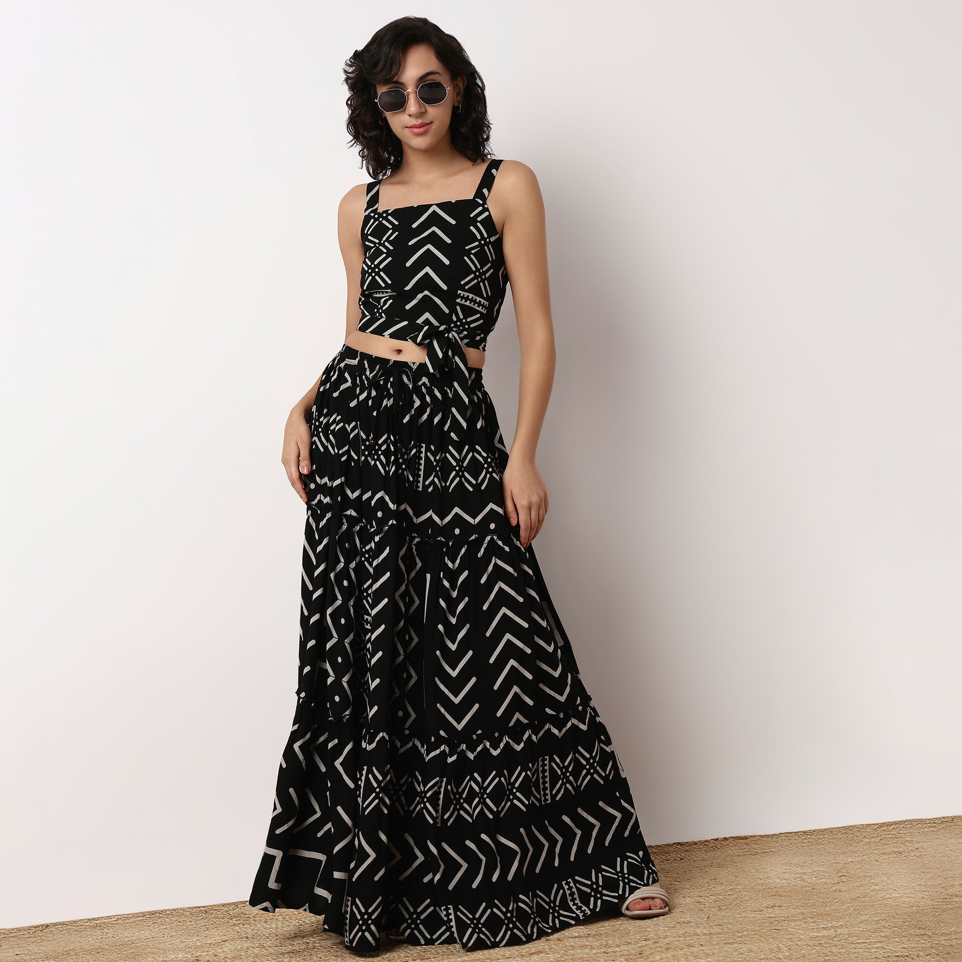 Woven Printed Flared Tiered Skirt