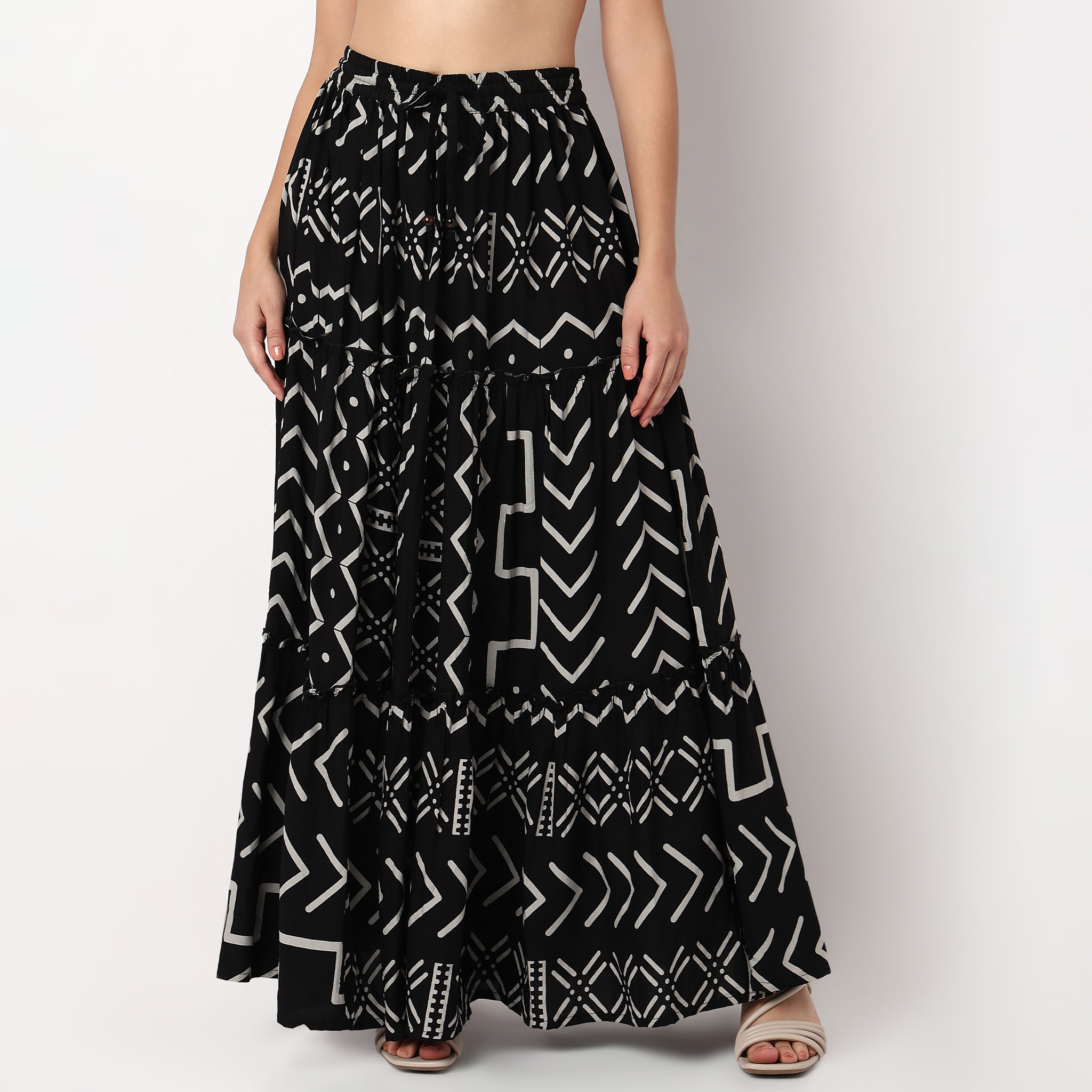 Woven Printed Flared Tiered Skirt
