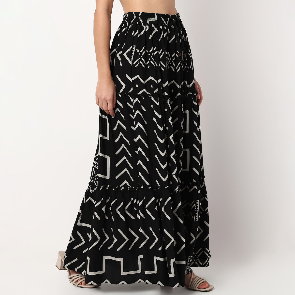 Woven Printed Flared Tiered Skirt