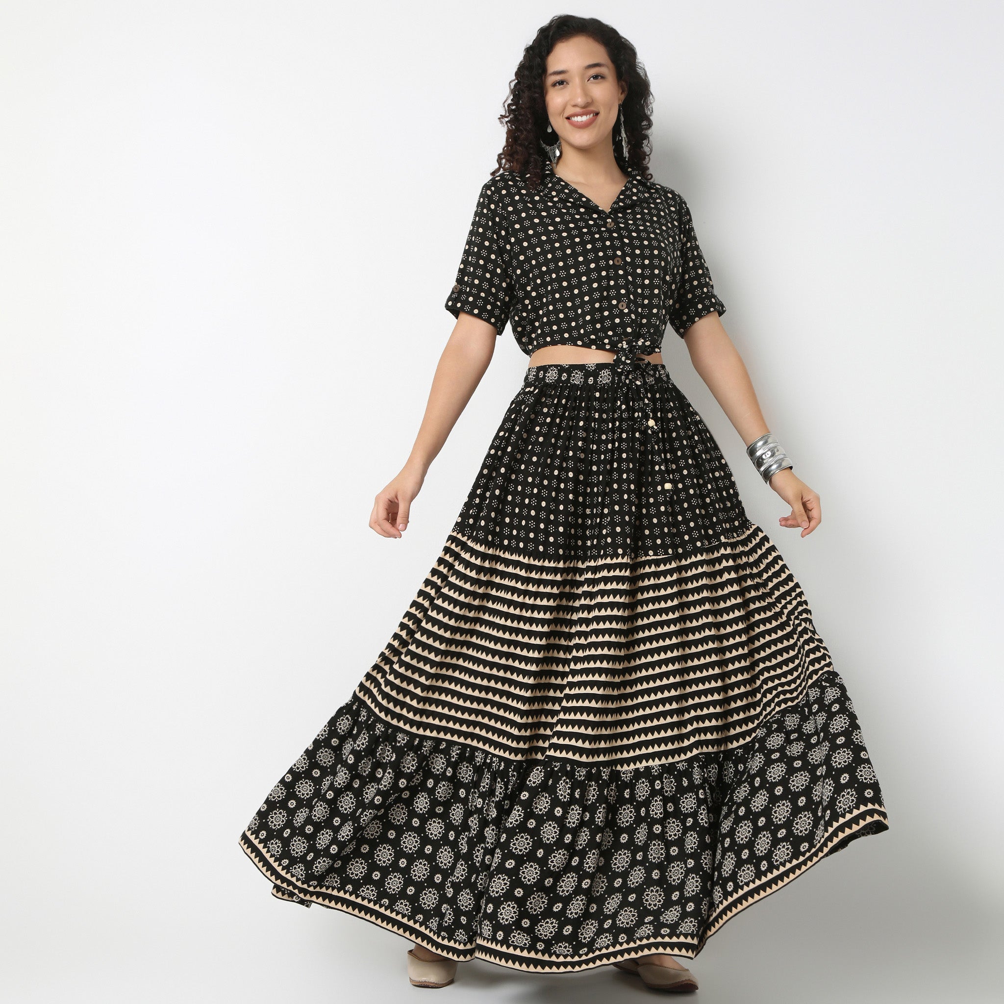 Flare Fit High Rise Tiered Skirt