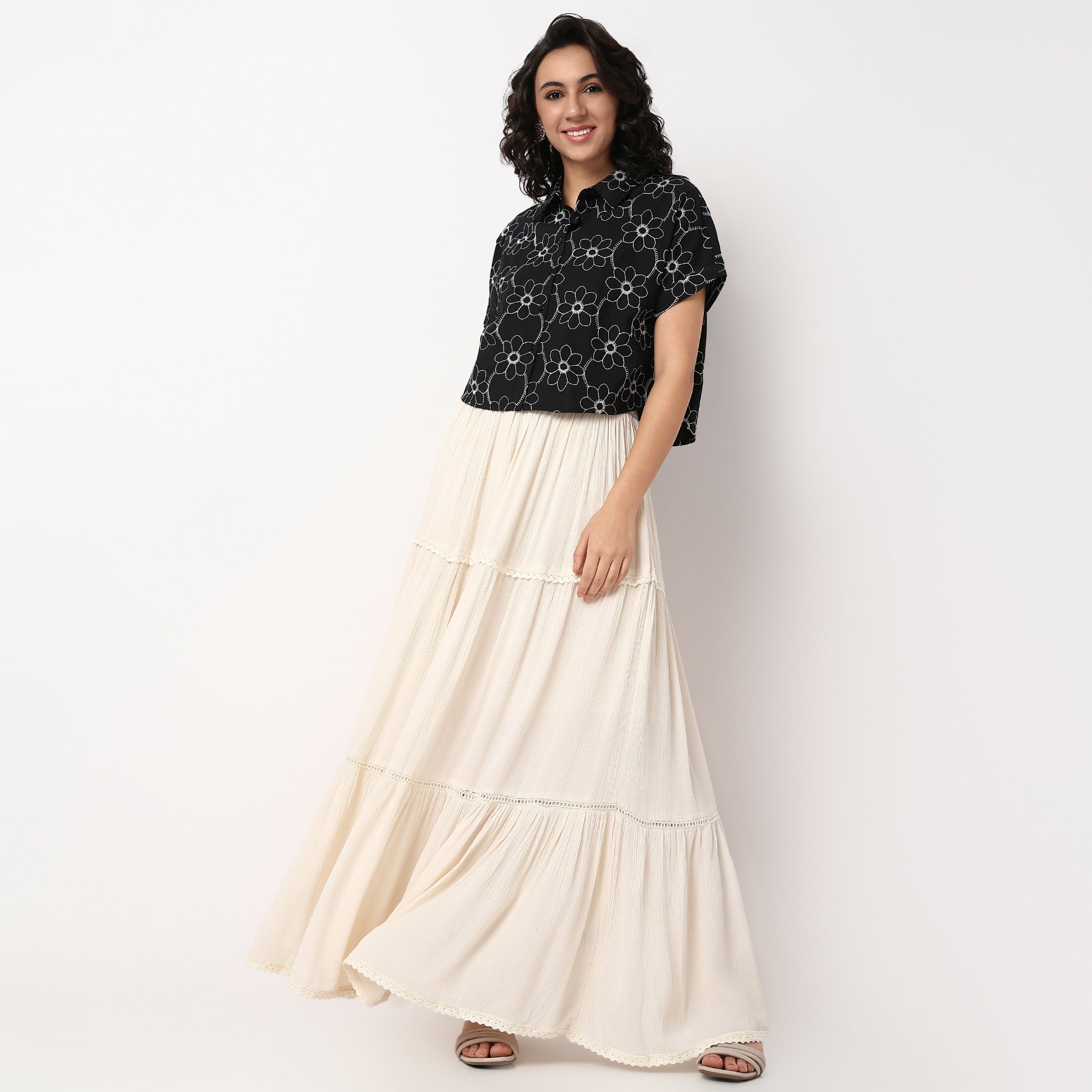 Woven Solid Flared Tiered Skirt