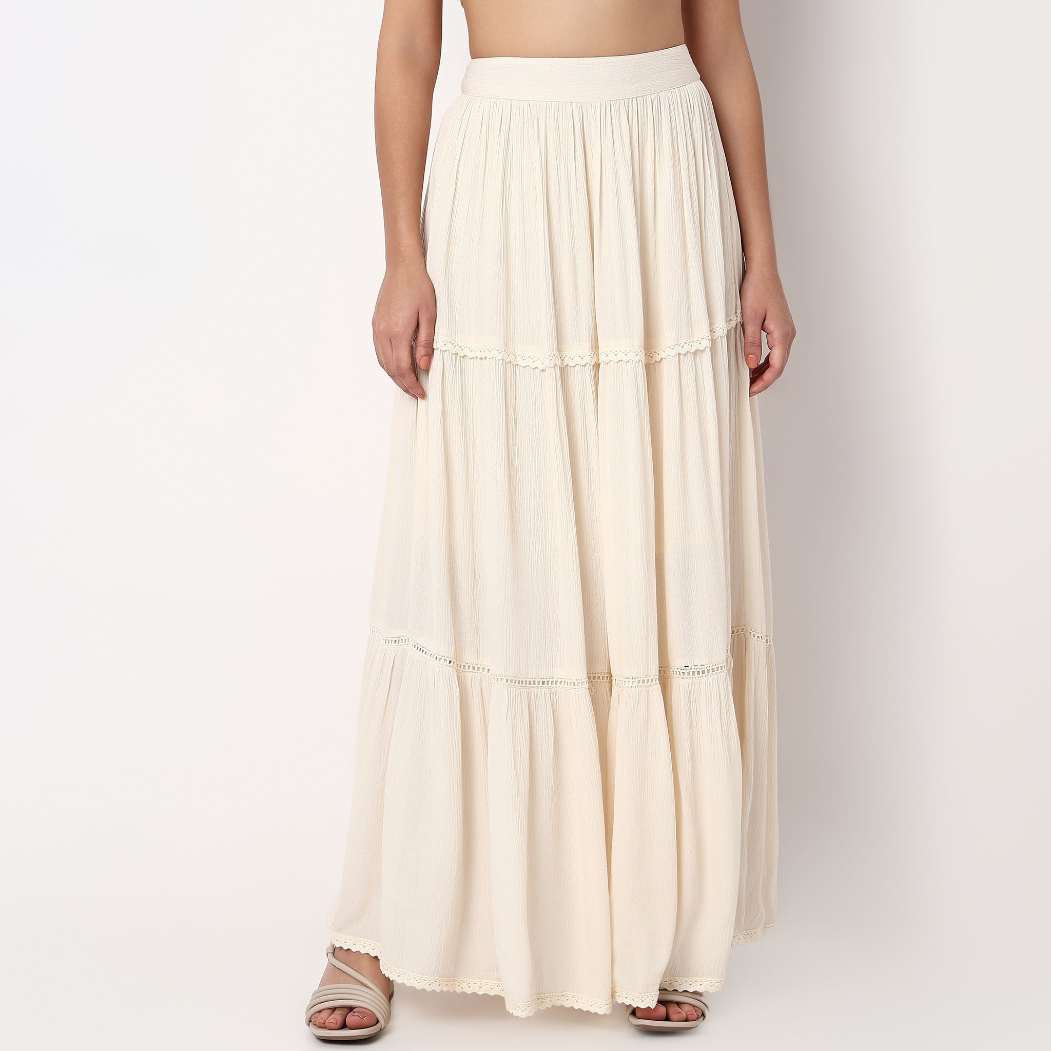 Woven Solid Flared Tiered Skirt