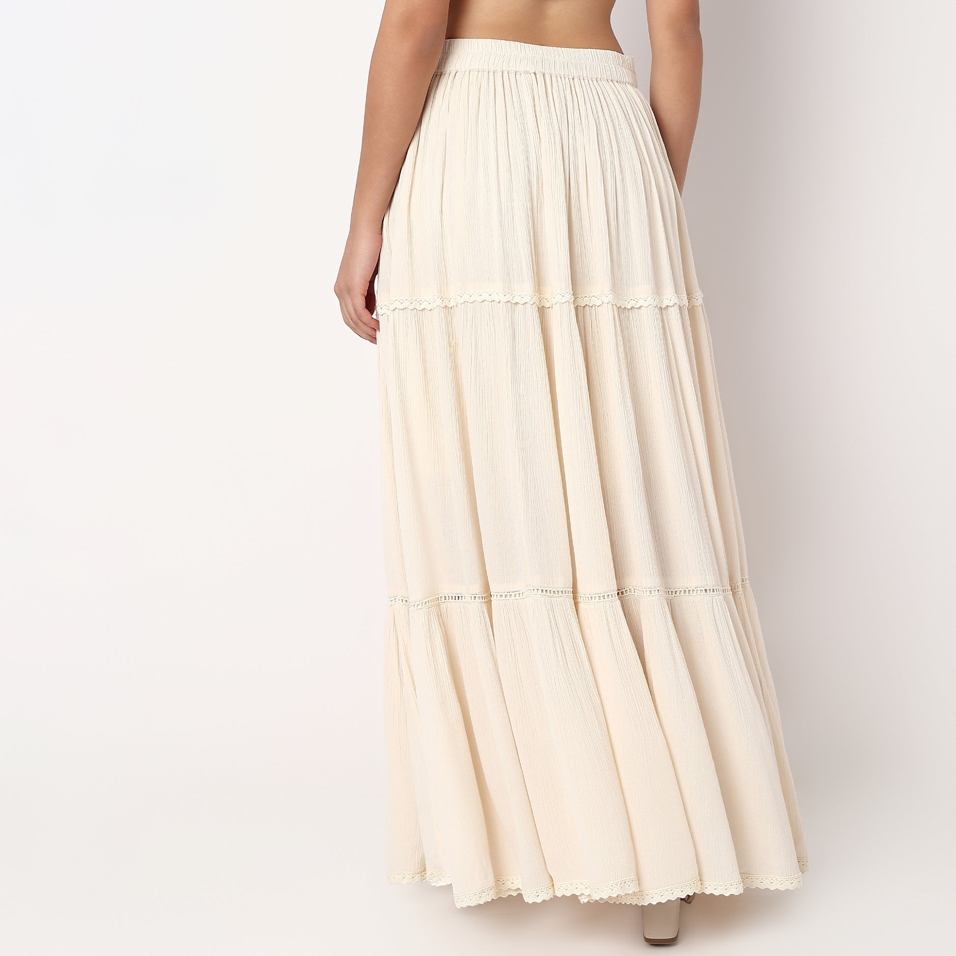 Woven Solid Flared Tiered Skirt