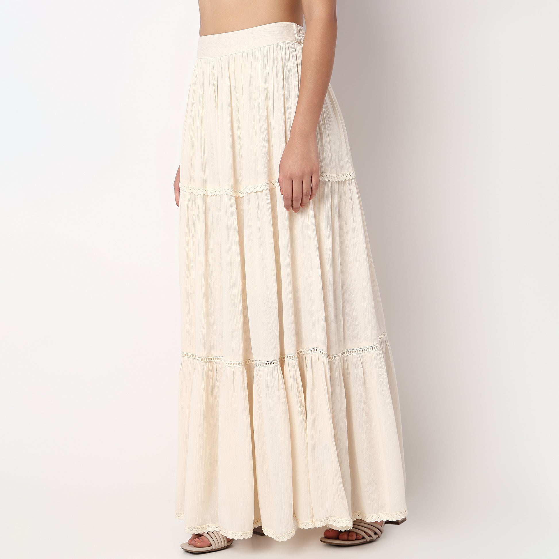 Woven Solid Flared Tiered Skirt