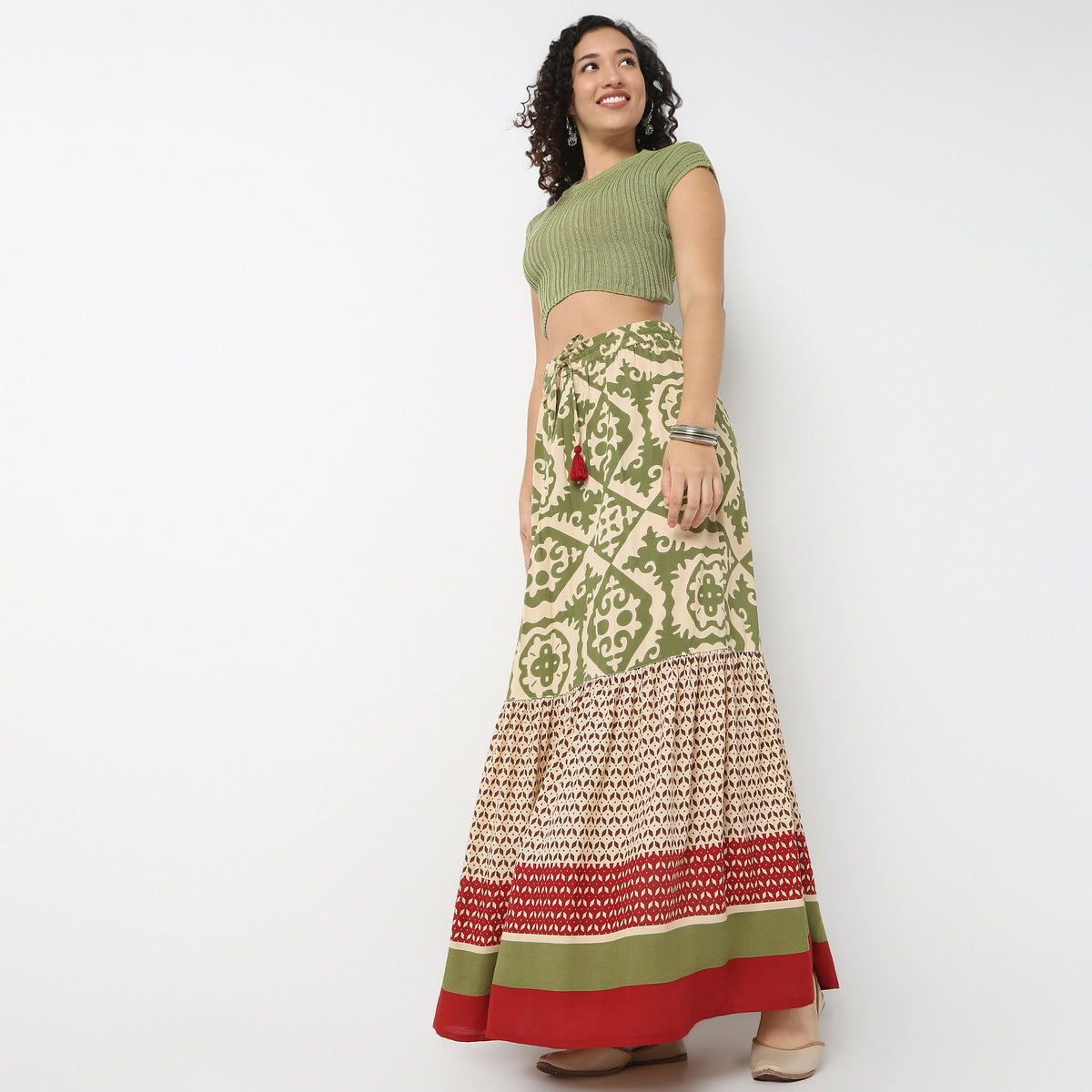 Flare Fit High Rise Tiered Skirt