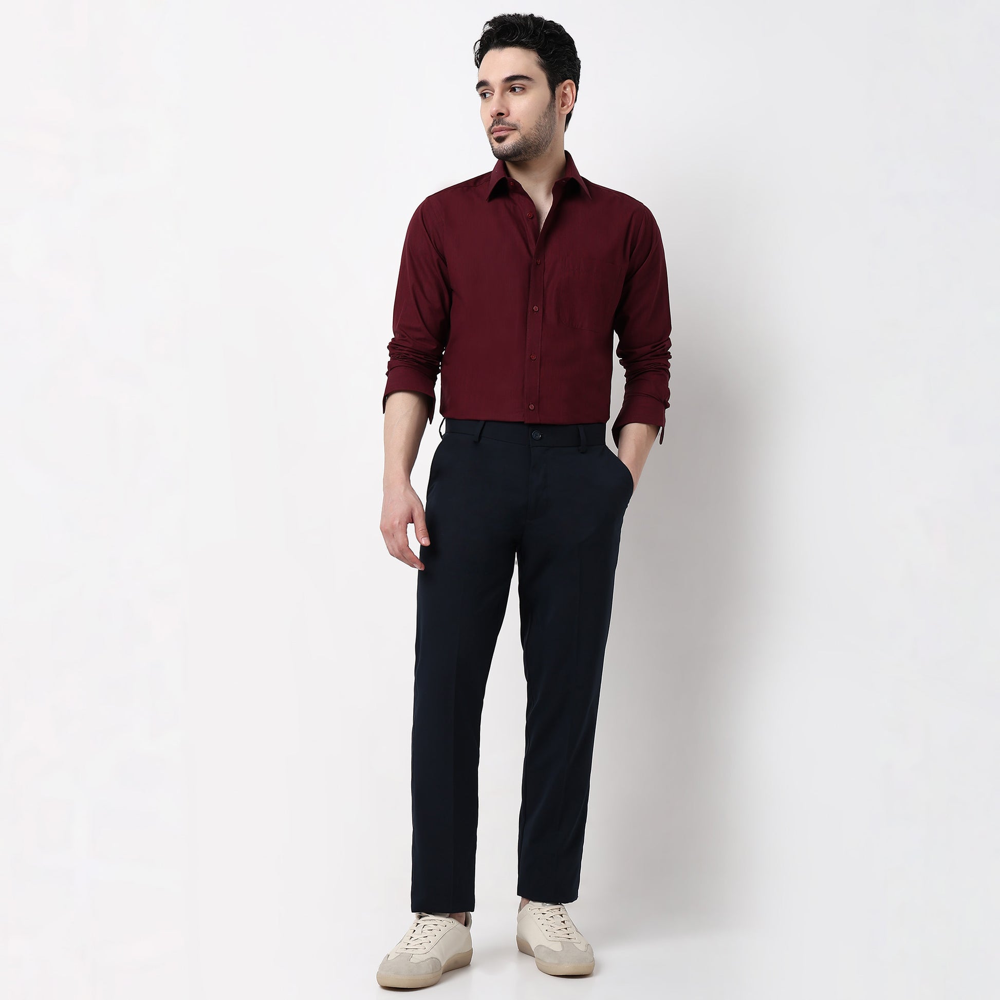 Regular Fit Solid Mid Rise Trousers