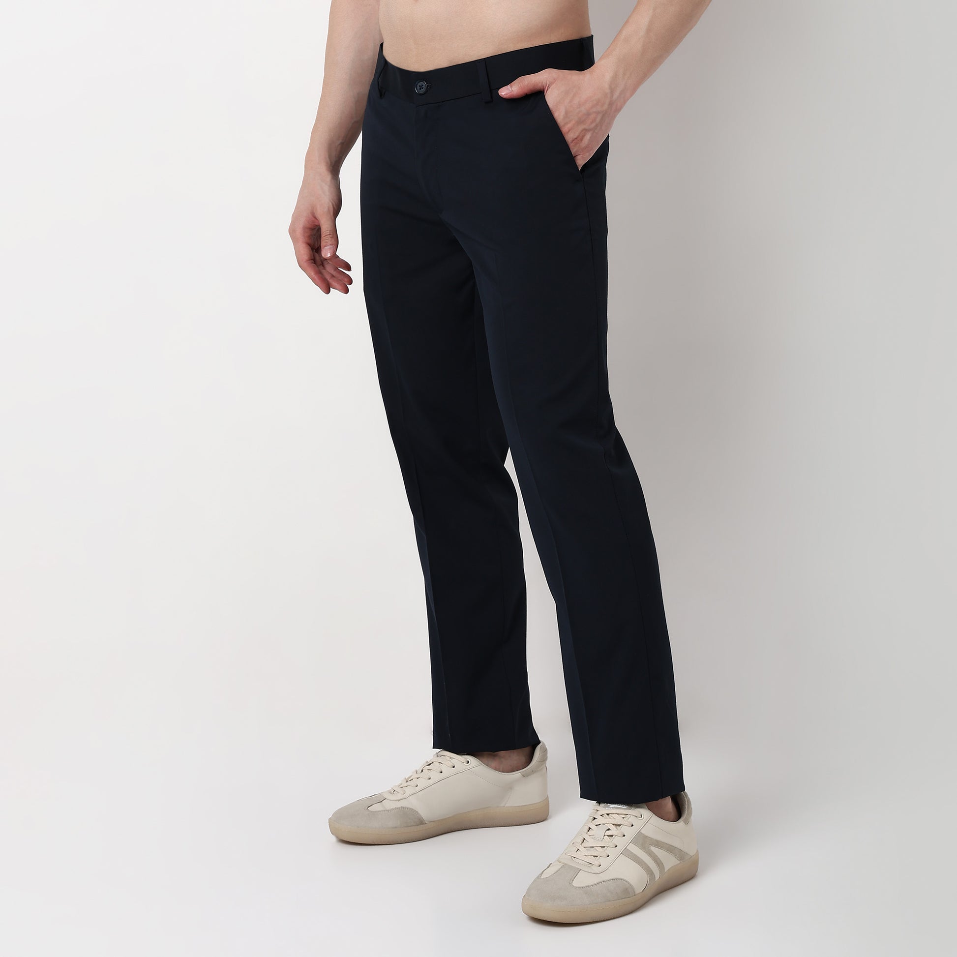Regular Fit Solid Mid Rise Trousers