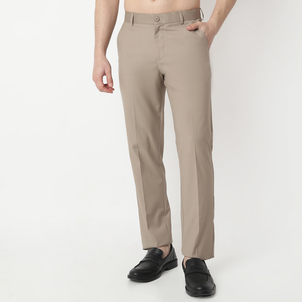 Regular Fit Solid Mid Rise Trousers