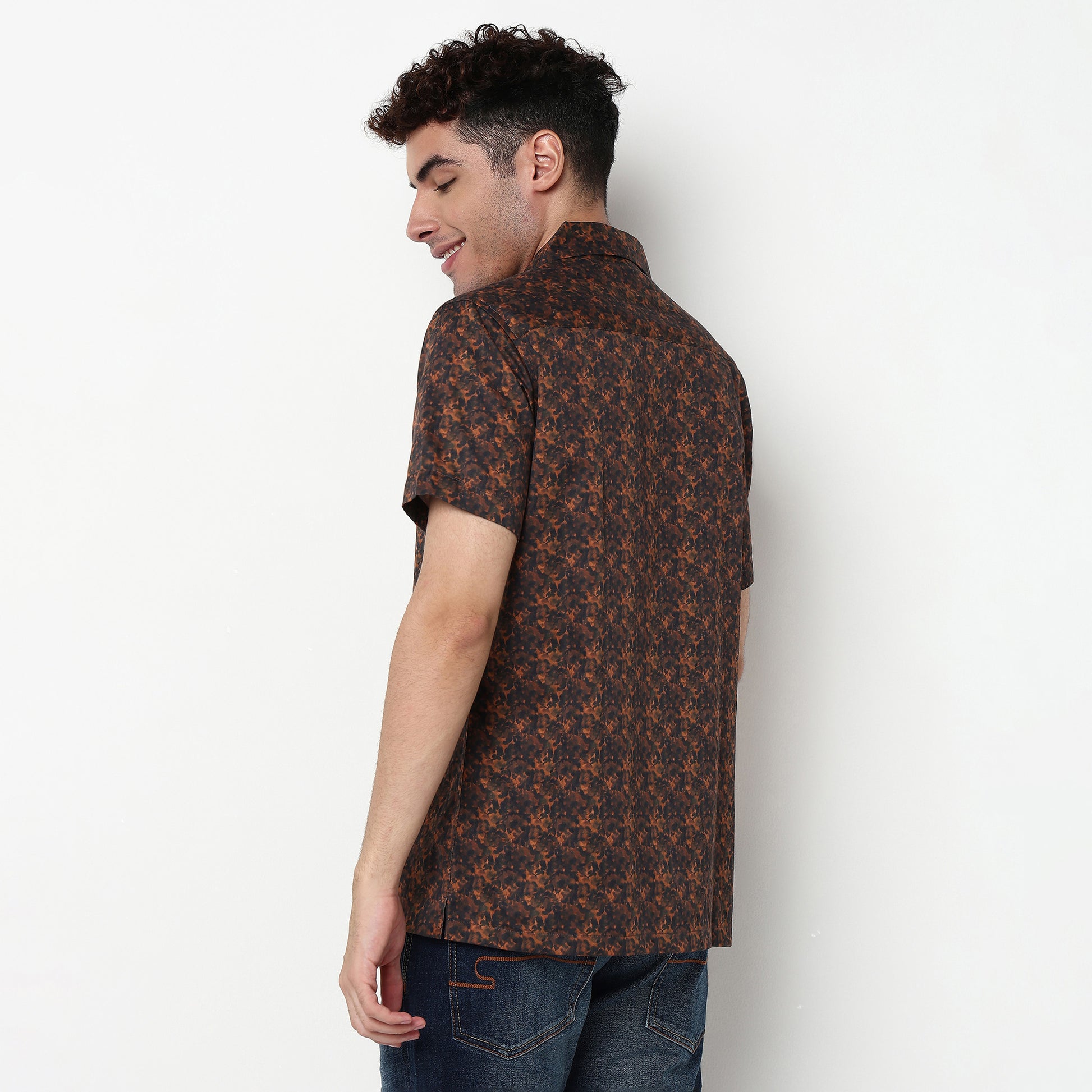Printed Polyester Camp Collar Shirt