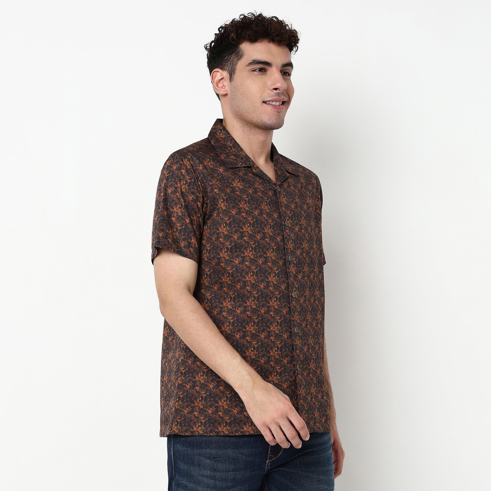 Printed Polyester Camp Collar Shirt