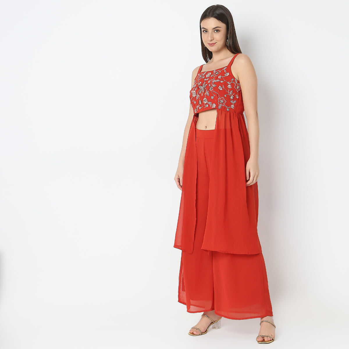 Regular Fit Embroidered Top with Palazzo Set